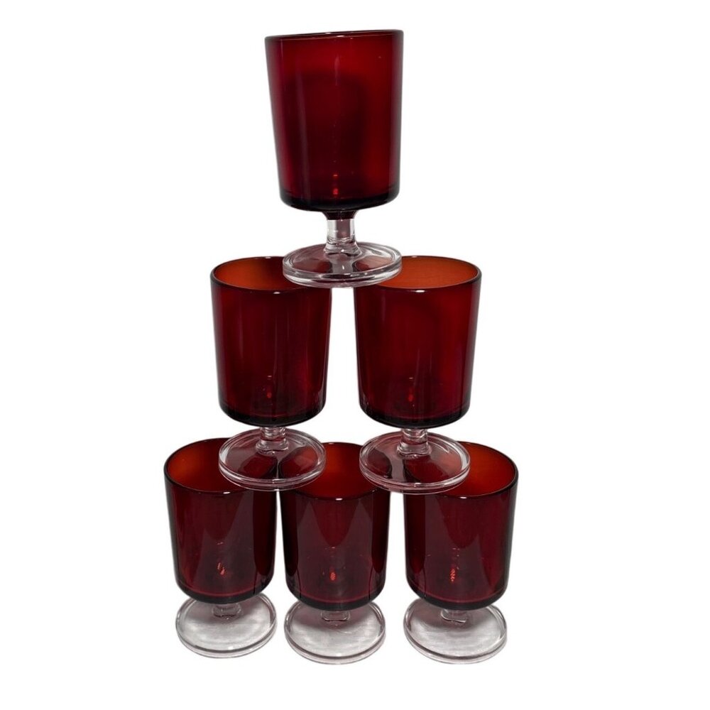 Set Of 6 Vintage Rudy Red Glass Pedestal Cups 3.75” Tall France
